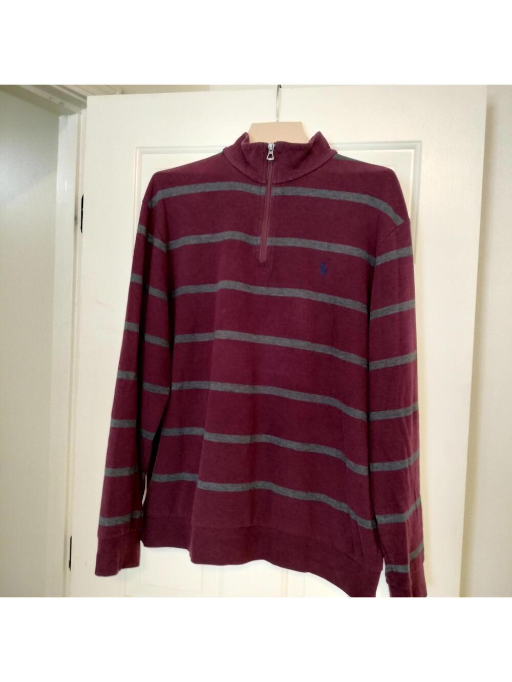 Polo Ralph Lauren Mens 1/4 Zip Sweater Long Sleeve Maroon Red Gray Striped XL